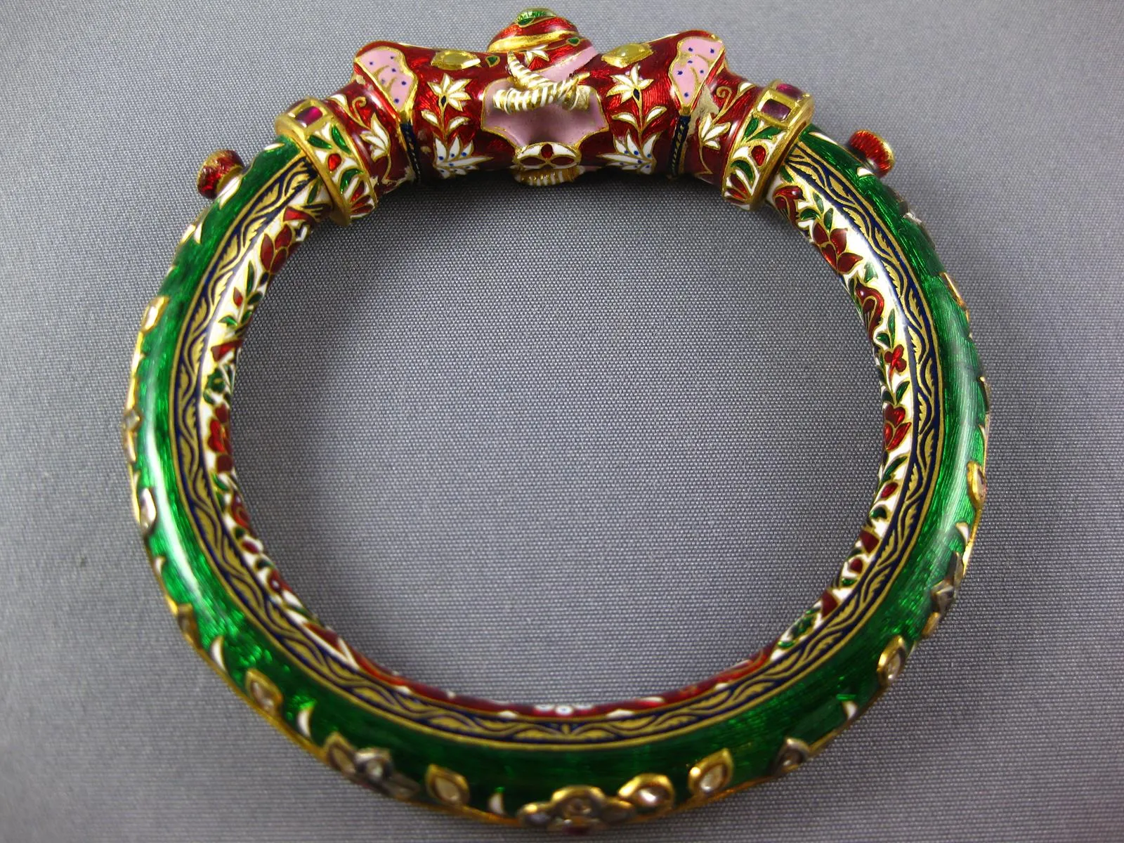 ANTIQUE 1.8CT DIAMOND AAA RUBY & ENAMEL 14K YELLOW GOLD & SILVER DRAGON BRACELET