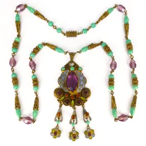 Antique Art Deco Czech Neiger Brothers Oriental Enamel Purple & Green Bead Necklace