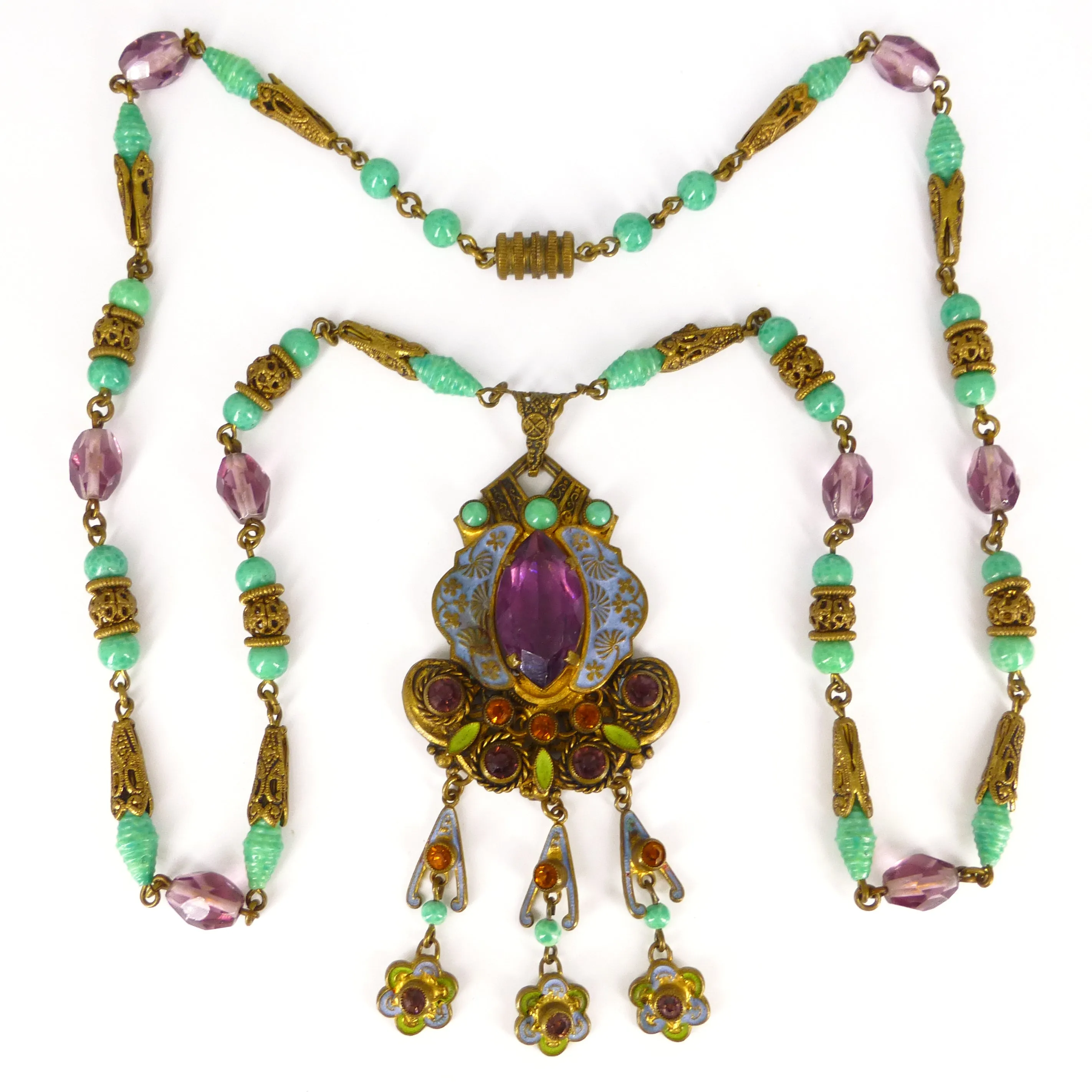 Antique Art Deco Czech Neiger Brothers Oriental Enamel Purple & Green Bead Necklace