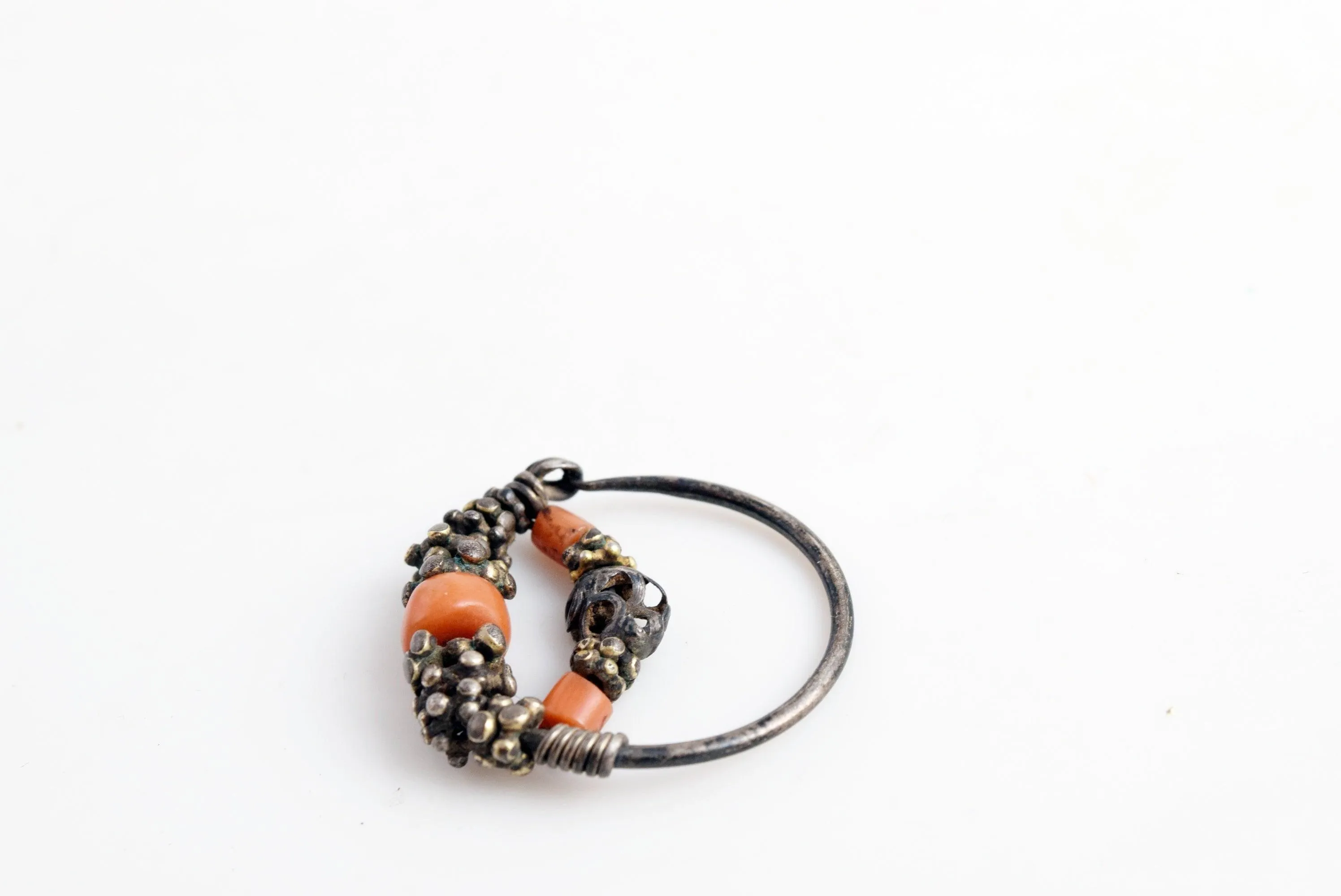 Antique Silver and Coral Single Uzbek Earring