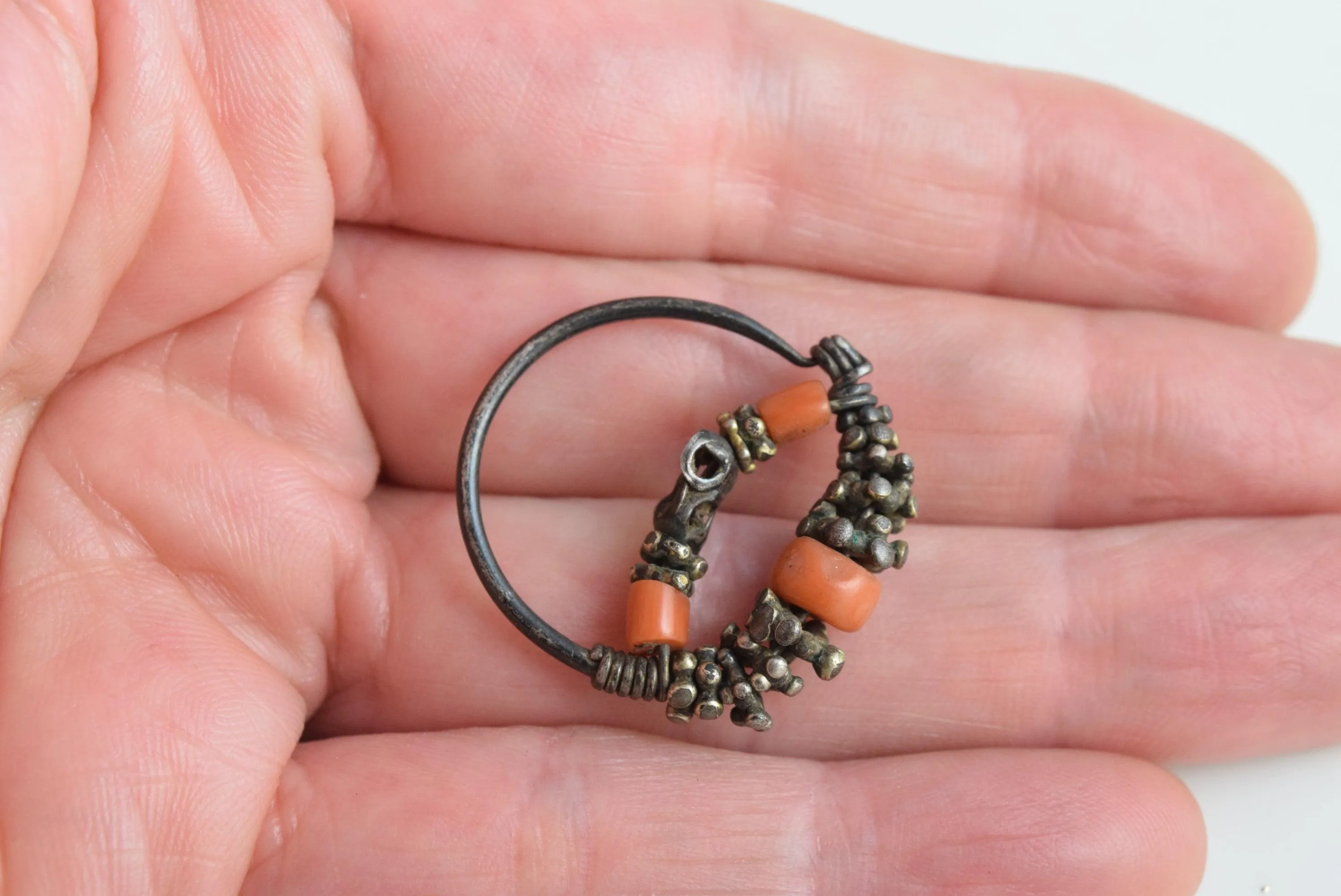 Antique Silver and Coral Single Uzbek Earring