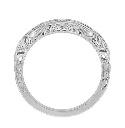 Art Deco Filigree and Wheat Engraved Curved Wedding Ring in 14 Karat White Gold