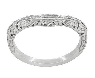 Art Deco Filigree and Wheat Engraved Curved Wedding Ring in 14 Karat White Gold