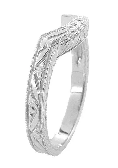 Art Deco Scrolls and Wheat Engraved Platinum Rounded Curved Wedding Band