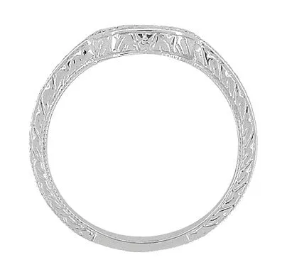 Art Deco Scrolls and Wheat Engraved Platinum Rounded Curved Wedding Band