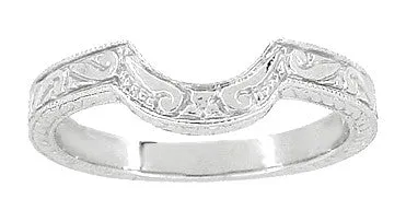 Art Deco Scrolls and Wheat Engraved Platinum Rounded Curved Wedding Band