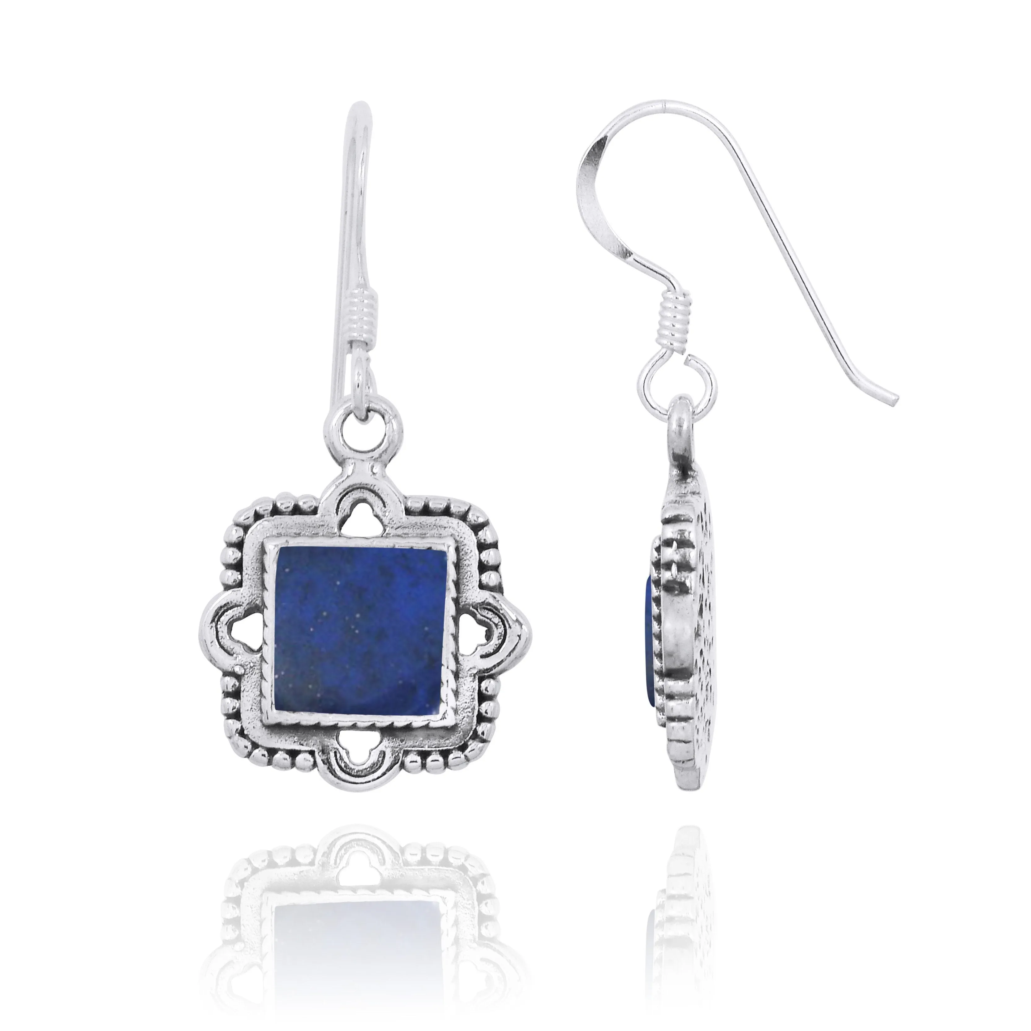 Aztec Theme Square Sterling Silver French Wire Earrings with Square Lapis