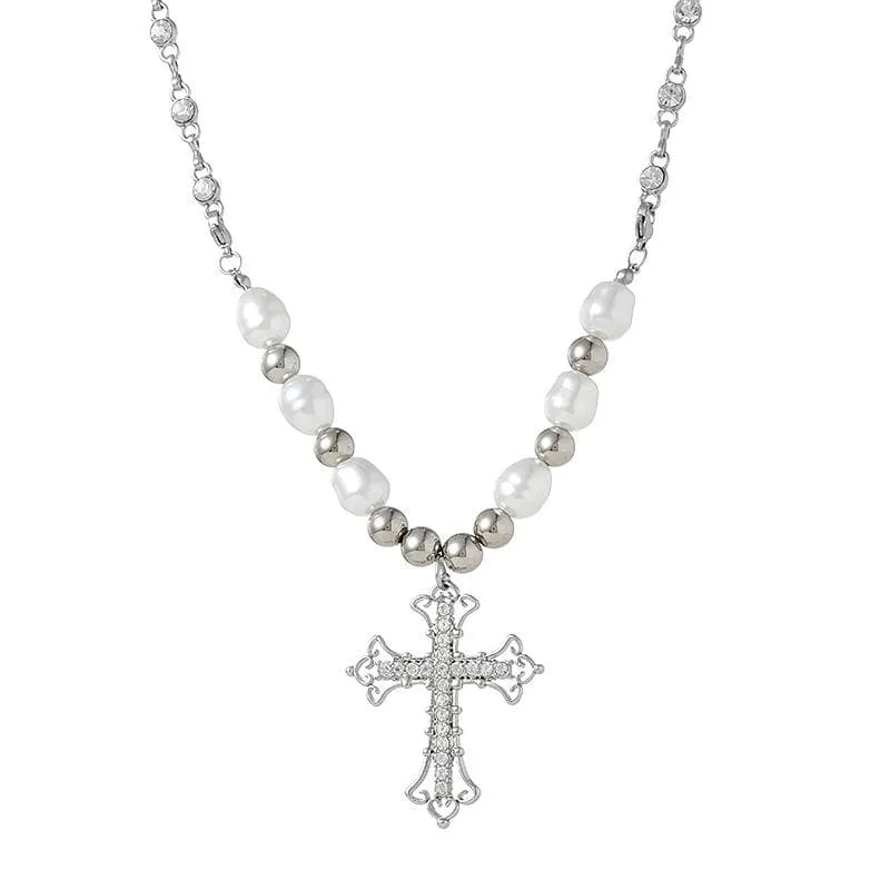 Beaded cross pendant rhinestone necklace