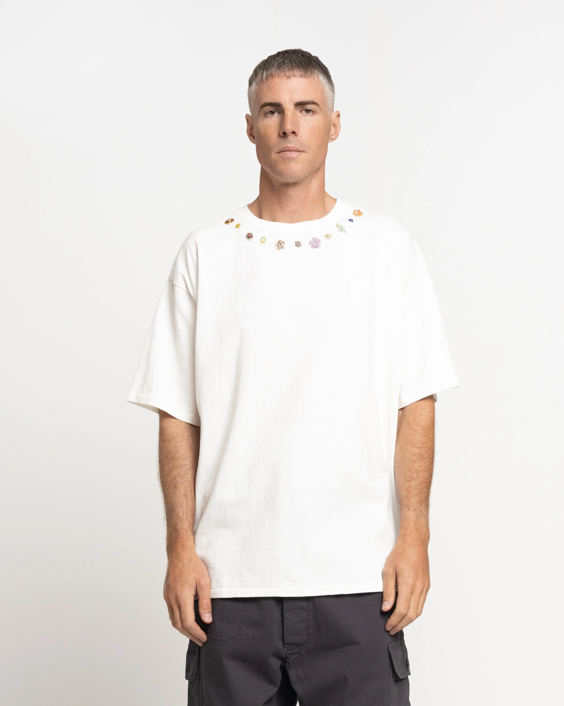 Beaded Necklace Tee in White