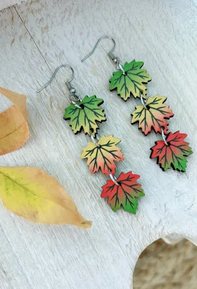 Beautiful Red, Yellow, and Green Wooden Maple Leaf Earrings