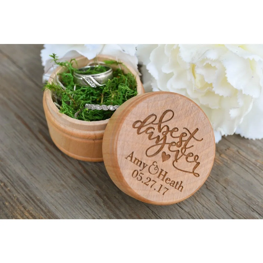 Best Day Ever Engraved Wedding Ring Box - Rustic Wedding Ring Box