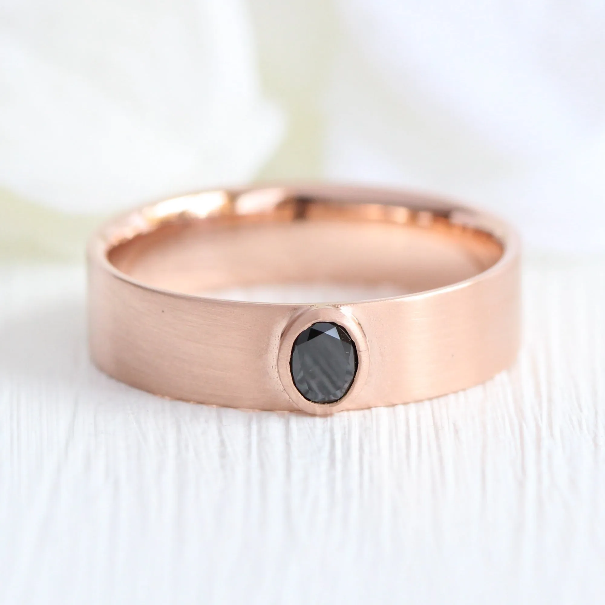 Bezel Oval Black Diamond Ring in Solid Gold Men's Wedding Band