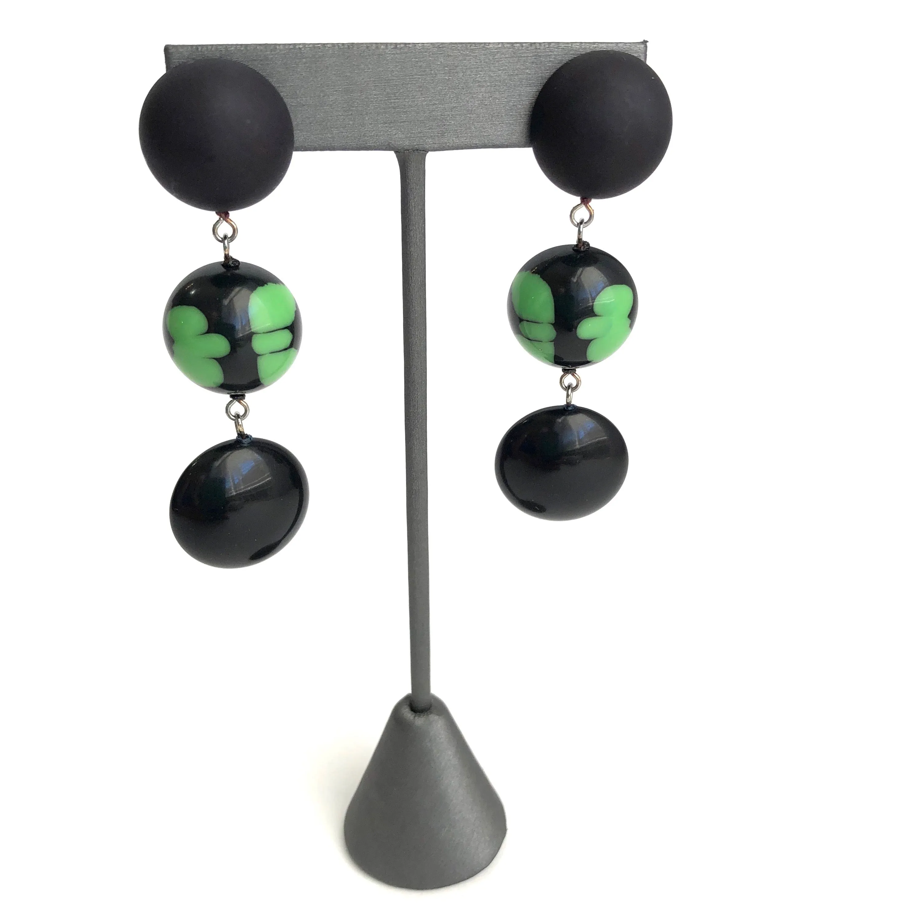 Black & Kelly Green Batik Tri Dot Drop Earrings