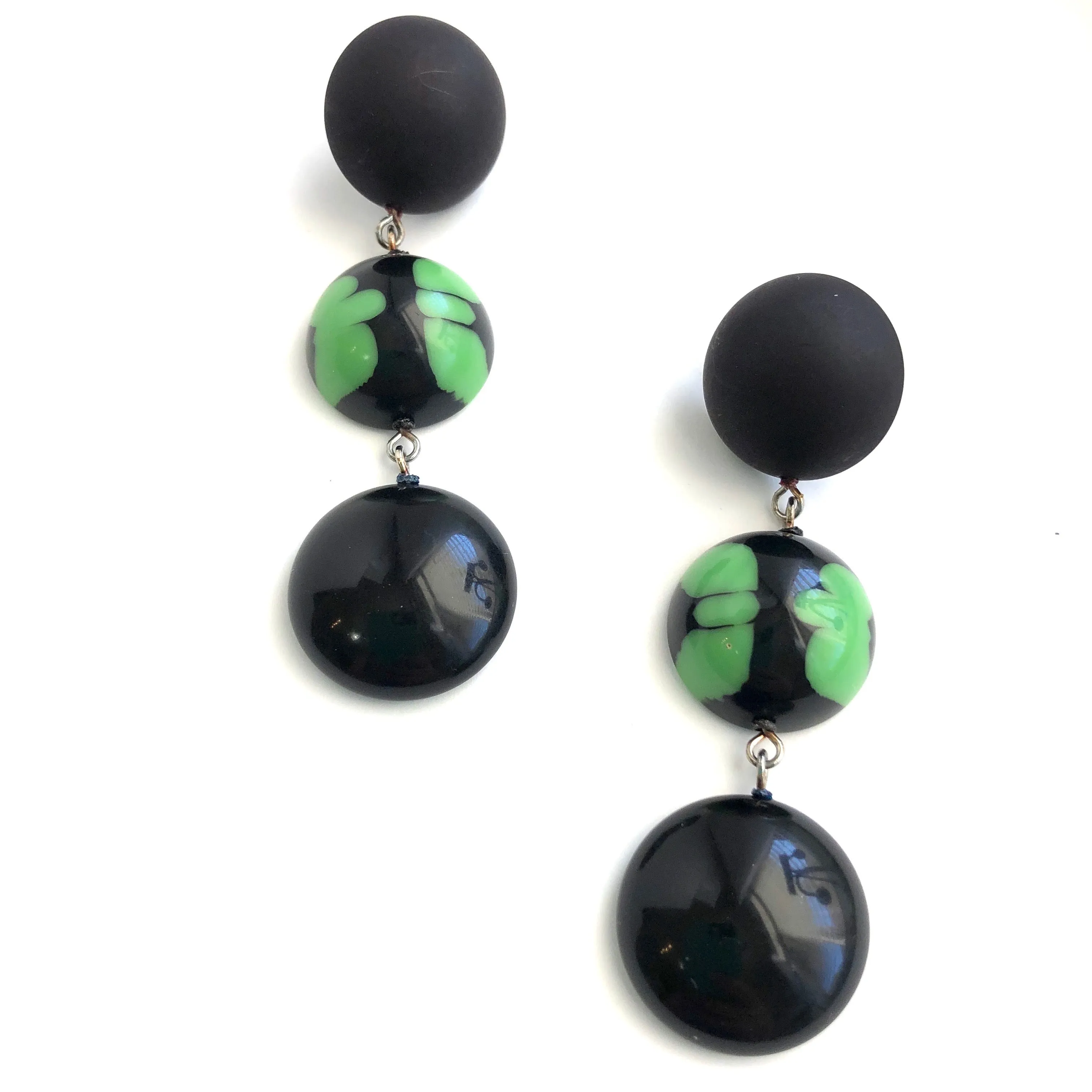 Black & Kelly Green Batik Tri Dot Drop Earrings