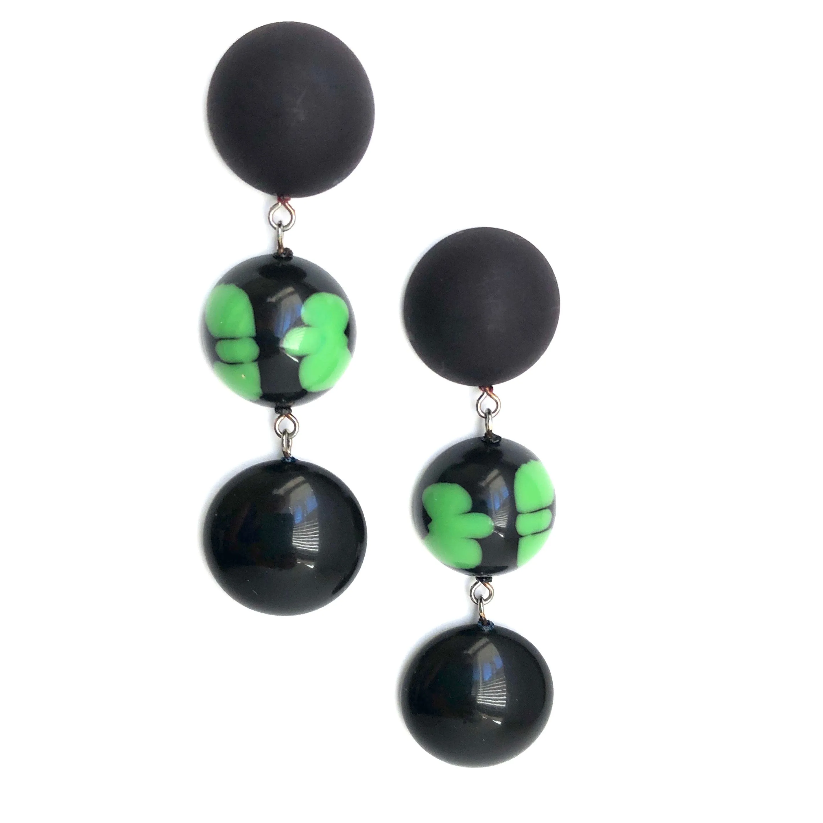 Black & Kelly Green Batik Tri Dot Drop Earrings