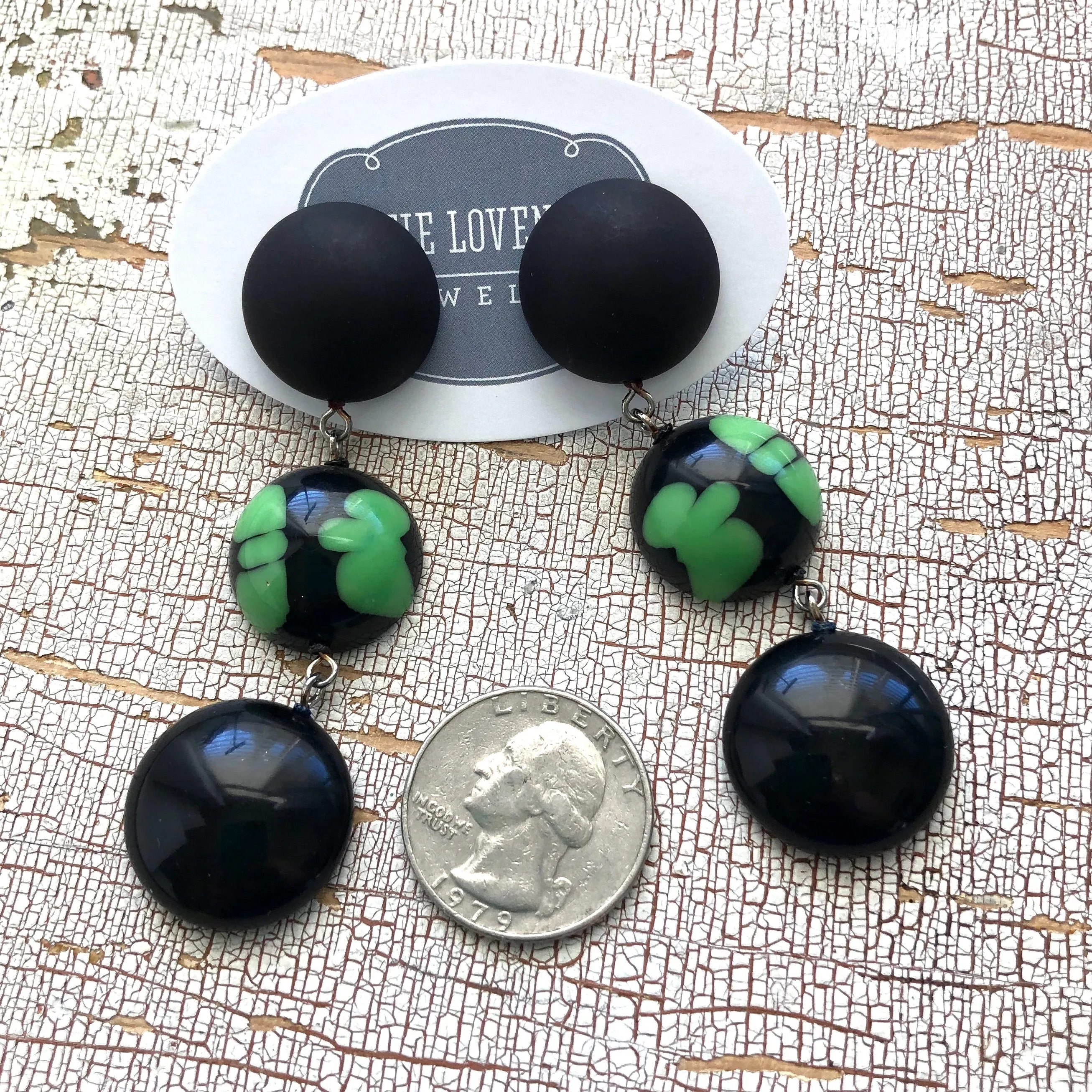 Black & Kelly Green Batik Tri Dot Drop Earrings