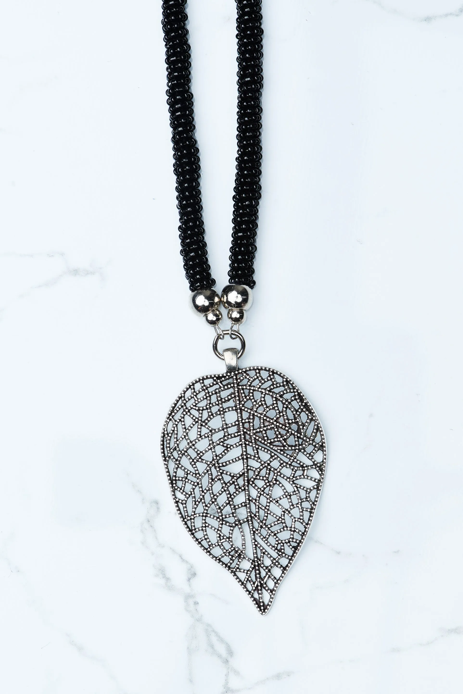 Black Beaded Leaf Pendant Necklace