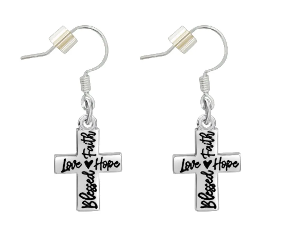 Blessed, Hope, Faith, and Love Cross Religious Earrings