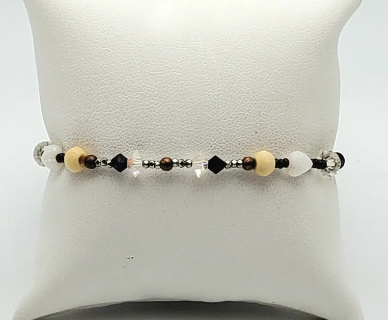 Bloesch & Bloesch - Sterling Silver, Copper, Jet, Bone, French Crystal, Pewter, Austrian Crystal Beaded Bracelet - 7"