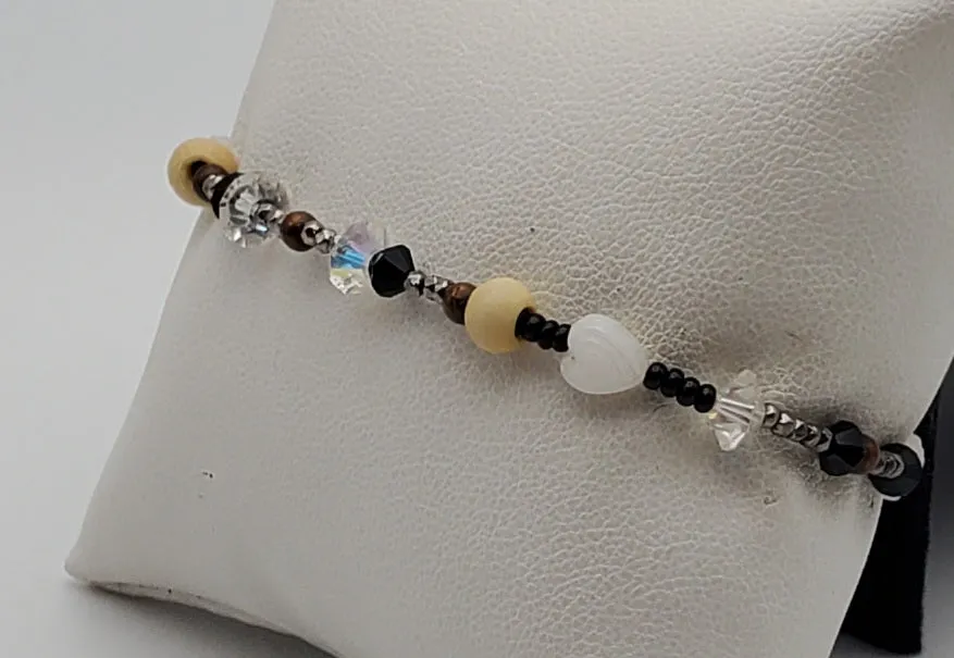 Bloesch & Bloesch - Sterling Silver, Copper, Jet, Bone, French Crystal, Pewter, Austrian Crystal Beaded Bracelet - 7"