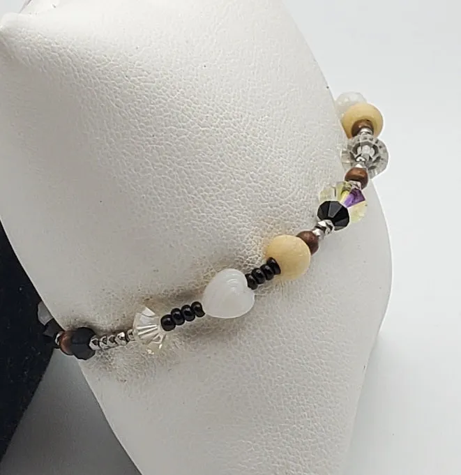 Bloesch & Bloesch - Sterling Silver, Copper, Jet, Bone, French Crystal, Pewter, Austrian Crystal Beaded Bracelet - 7"