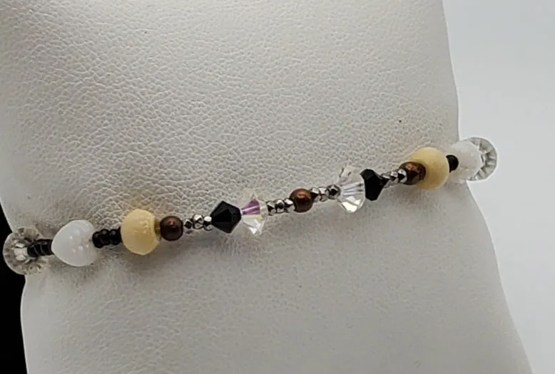 Bloesch & Bloesch - Sterling Silver, Copper, Jet, Bone, French Crystal, Pewter, Austrian Crystal Beaded Bracelet - 7"