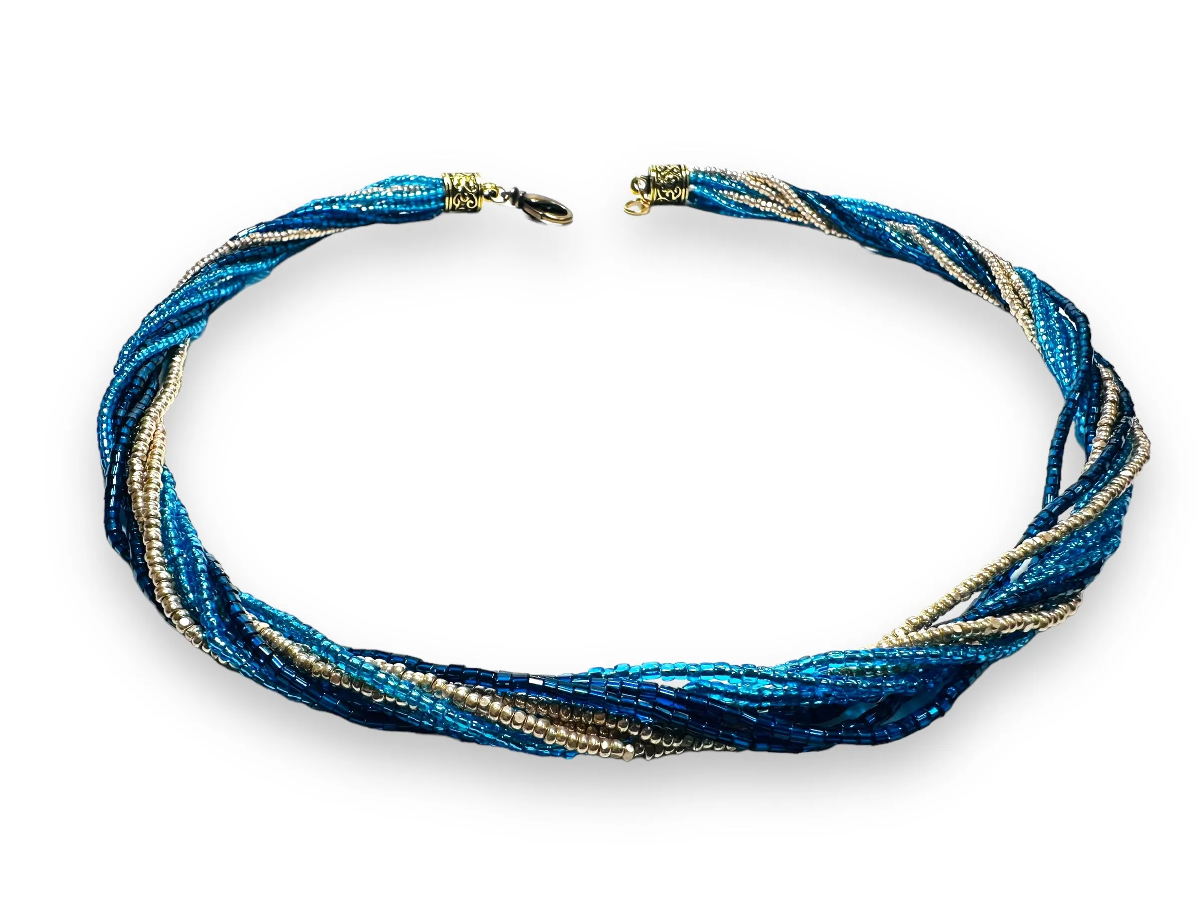 Blue and Gold Strands Necklace, twist Necklace, Stetement Necklace