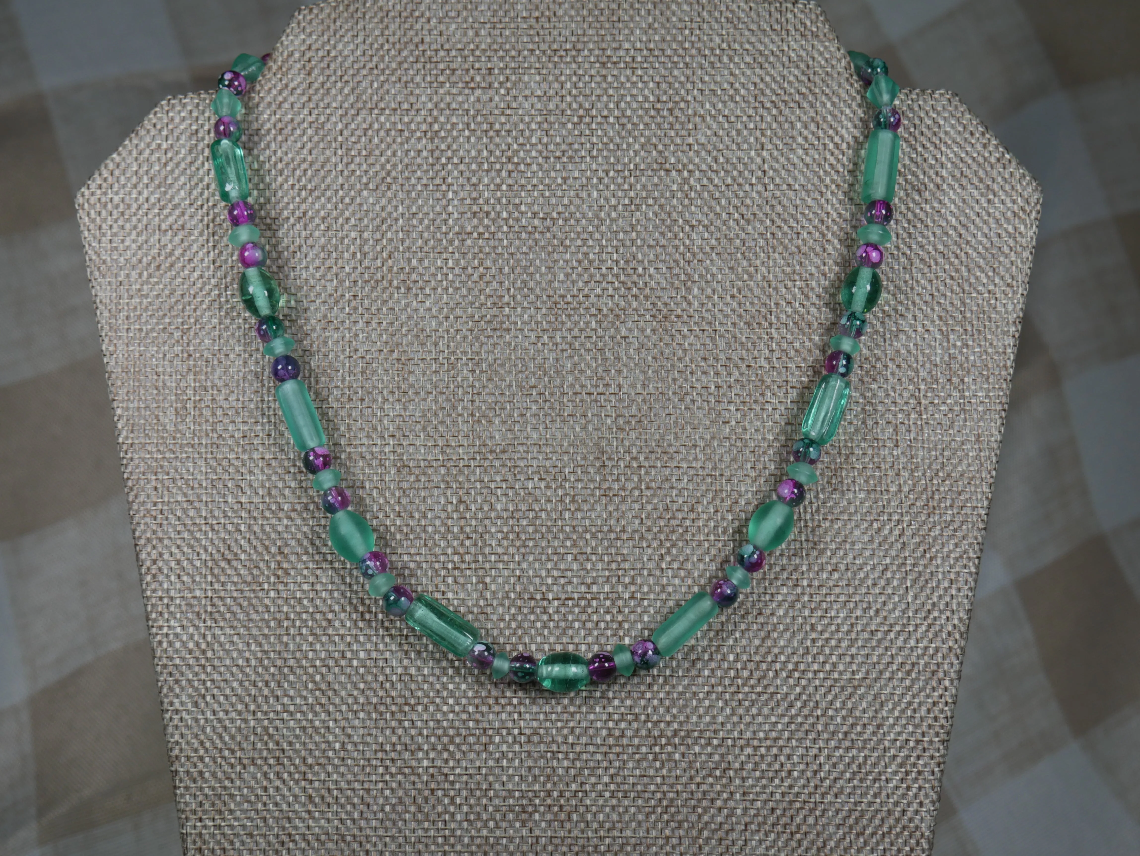 Blue Green and Purple Glass Bead Necklace