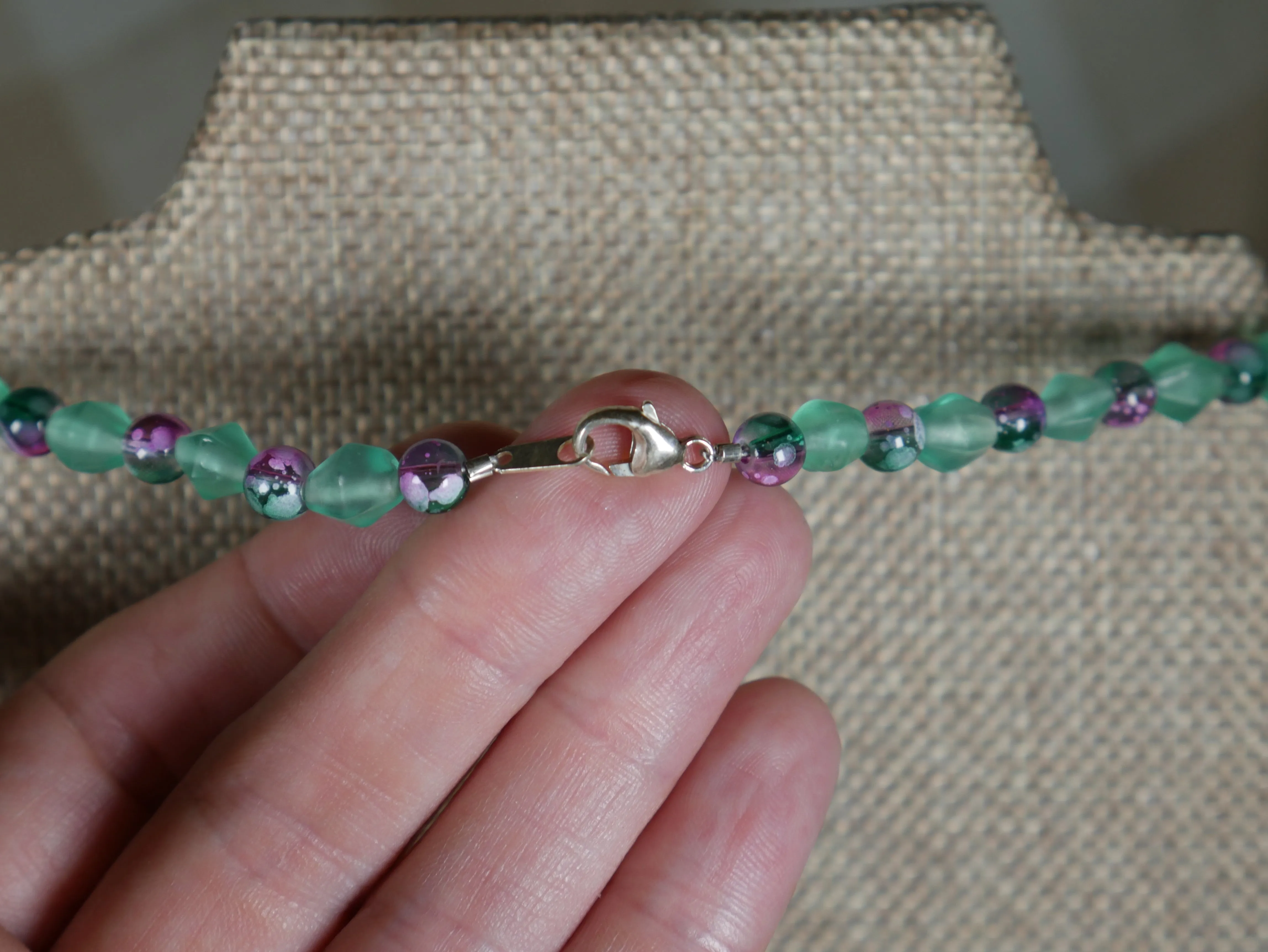 Blue Green and Purple Glass Bead Necklace