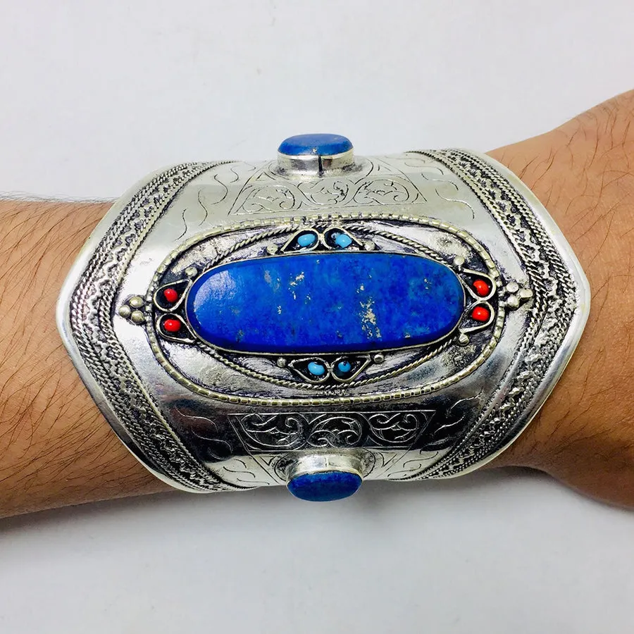 Blue Lapis Stone Cuff Bracelet With Beads