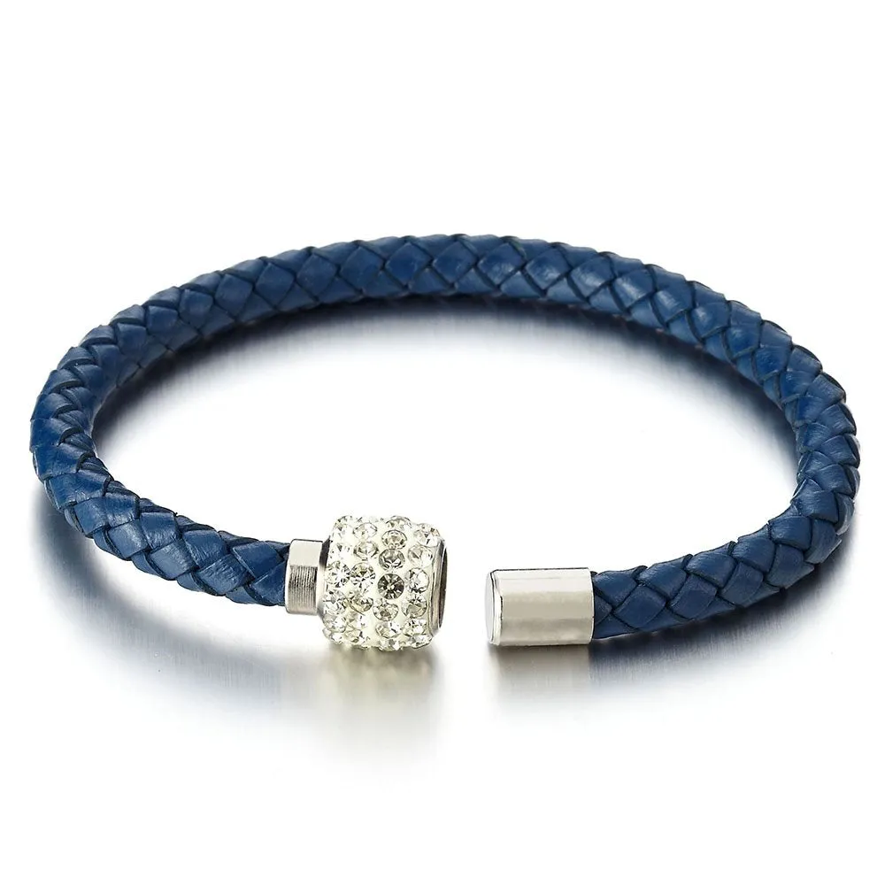 Blue Leather Bangle Bracelet with Cubic Zirconia and Steel Magnetic Clasp