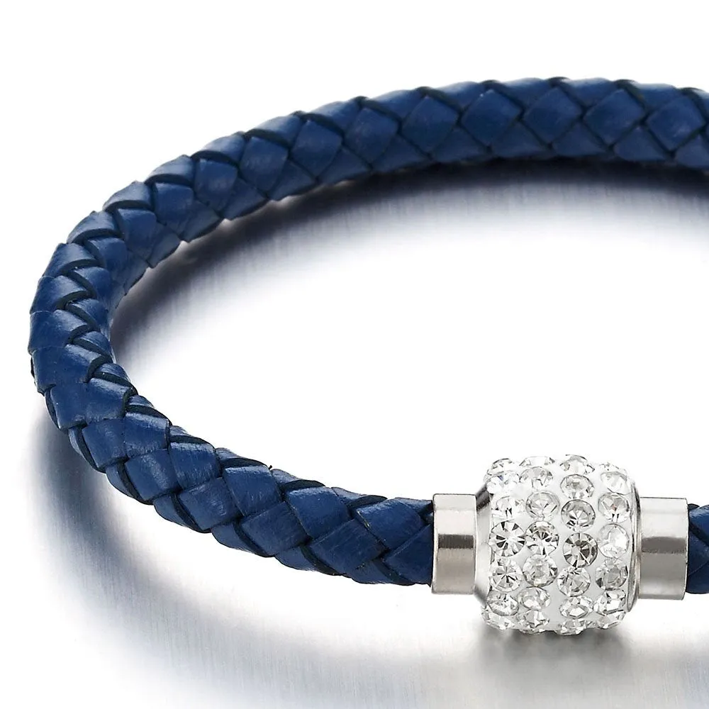 Blue Leather Bangle Bracelet with Cubic Zirconia and Steel Magnetic Clasp