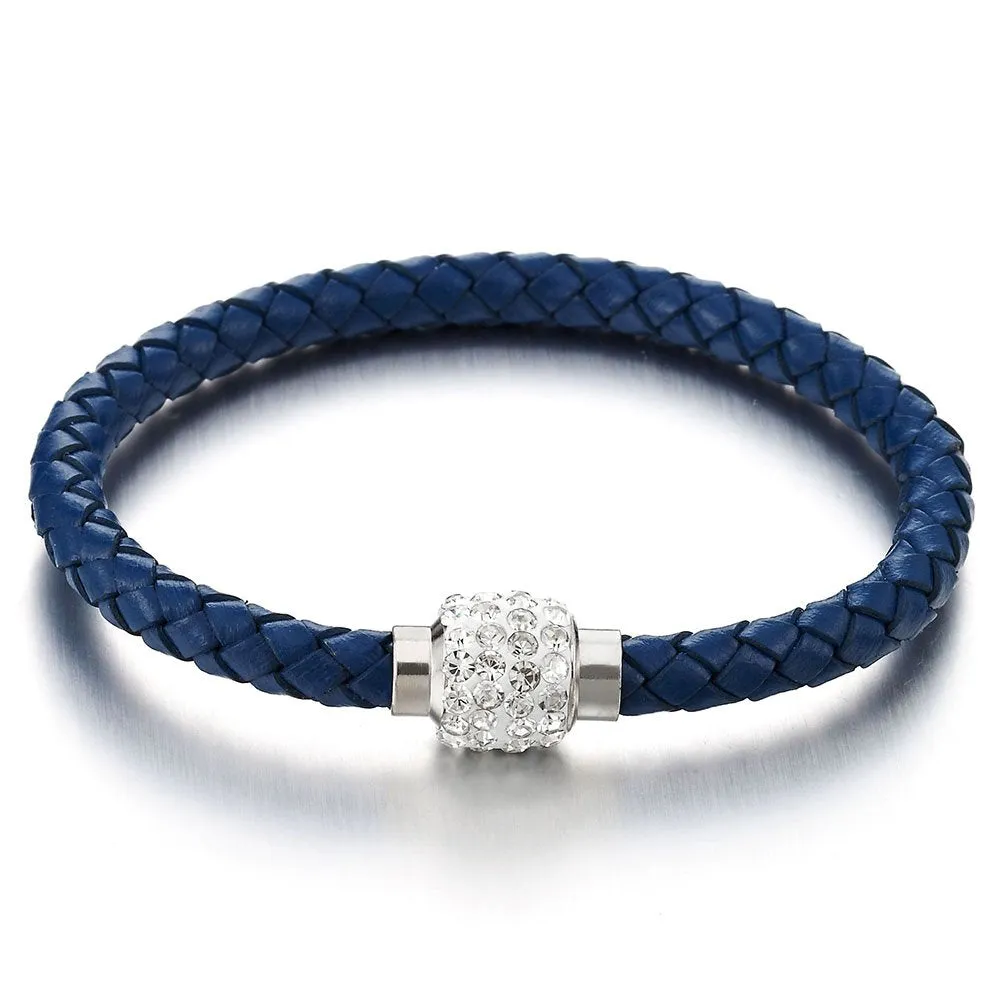 Blue Leather Bangle Bracelet with Cubic Zirconia and Steel Magnetic Clasp