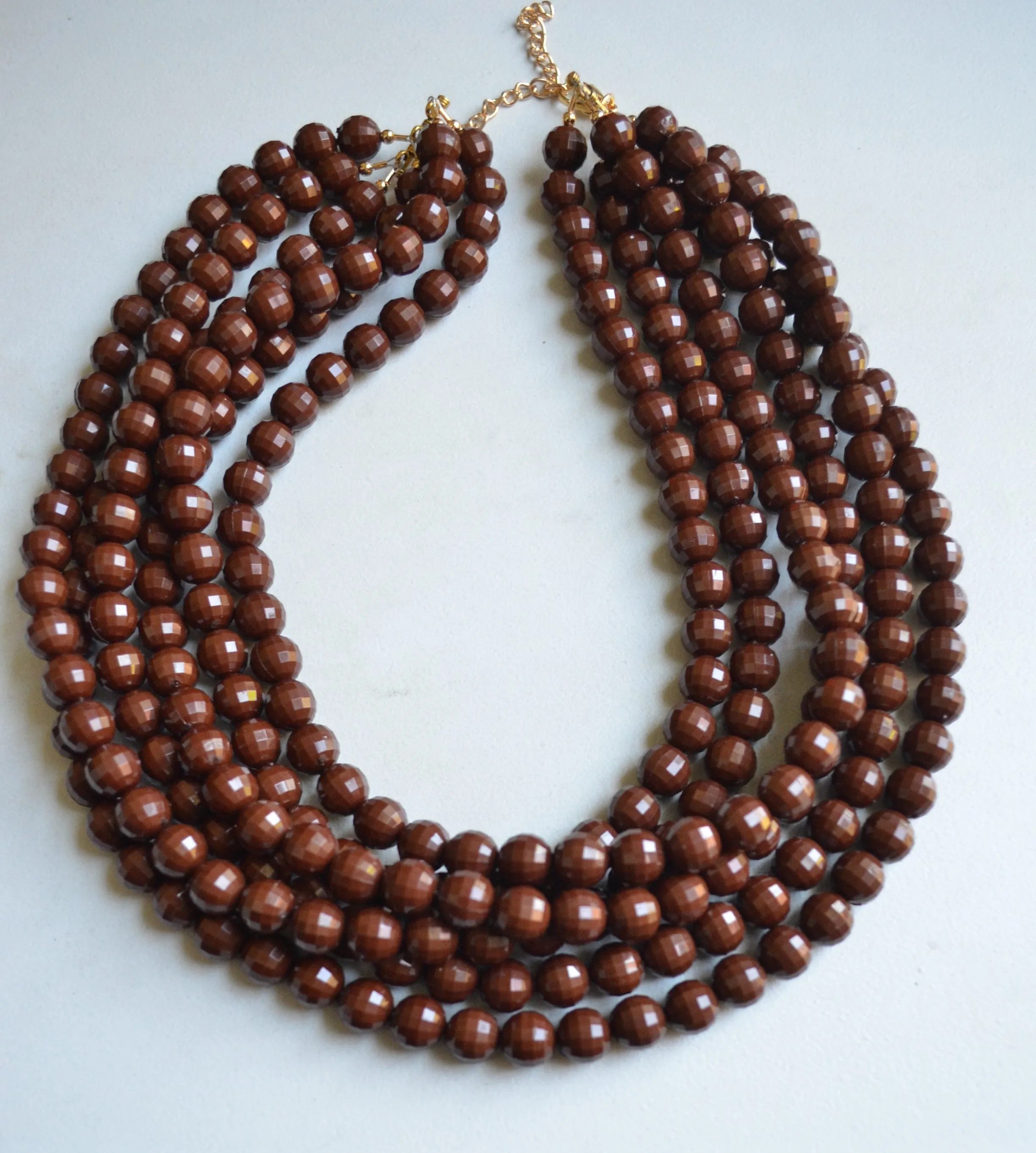 Brown Faceted Beaded Acrylic Chunky Multi Strand Statement Necklace - Angelina