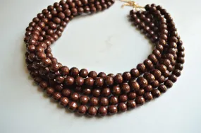 Brown Faceted Beaded Acrylic Chunky Multi Strand Statement Necklace - Angelina