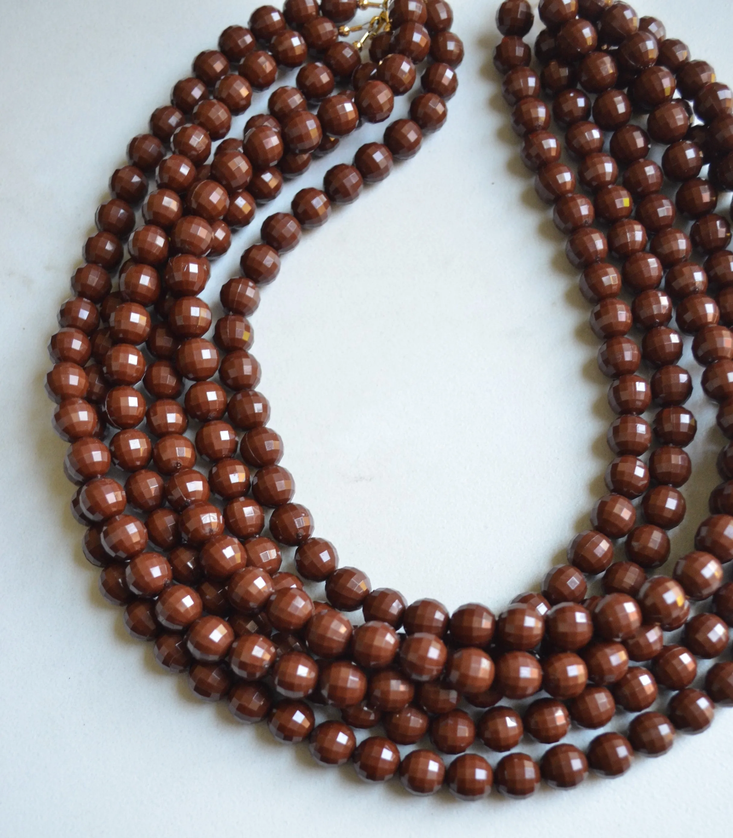 Brown Faceted Beaded Acrylic Chunky Multi Strand Statement Necklace - Angelina