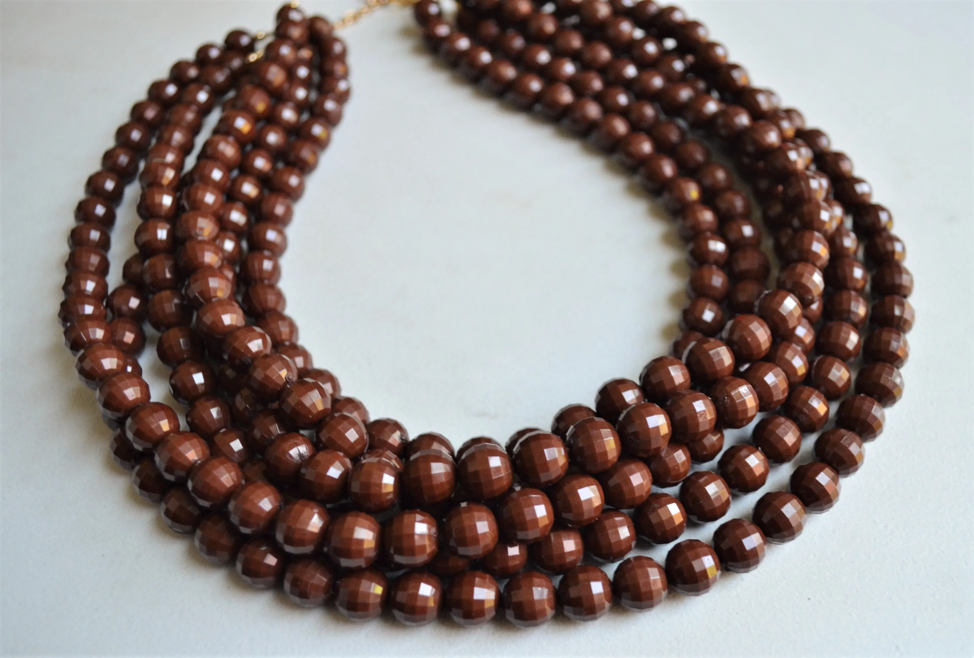 Brown Faceted Beaded Acrylic Chunky Multi Strand Statement Necklace - Angelina