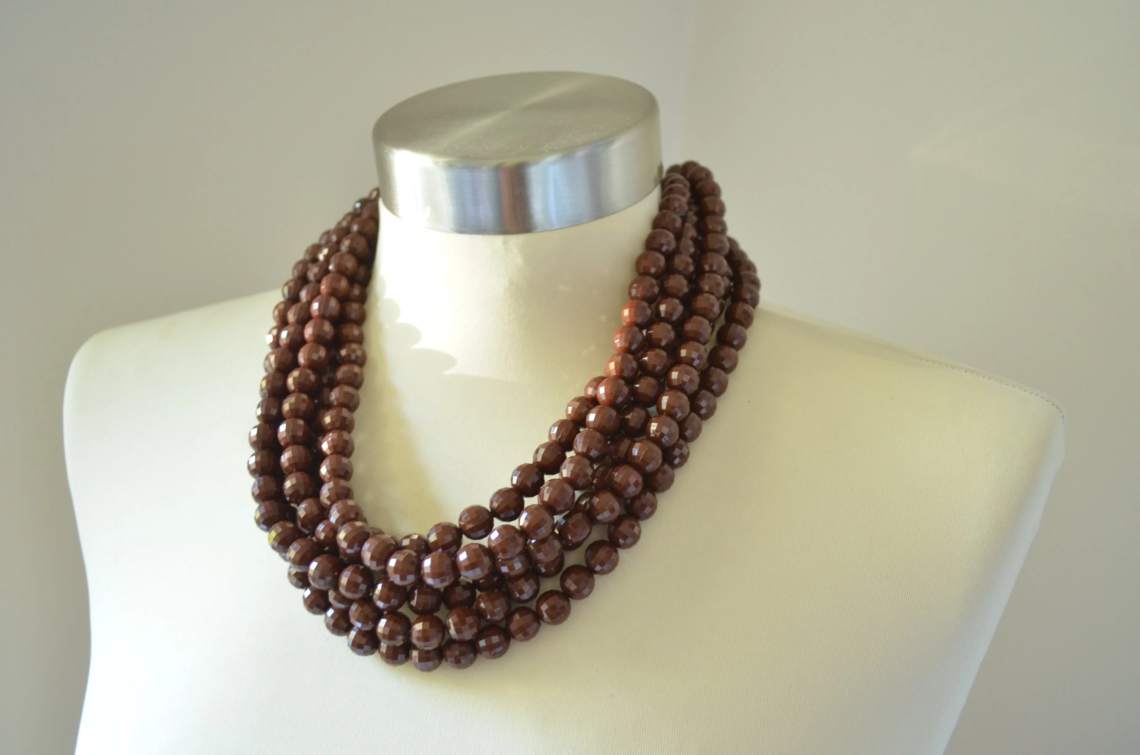 Brown Faceted Beaded Acrylic Chunky Multi Strand Statement Necklace - Angelina