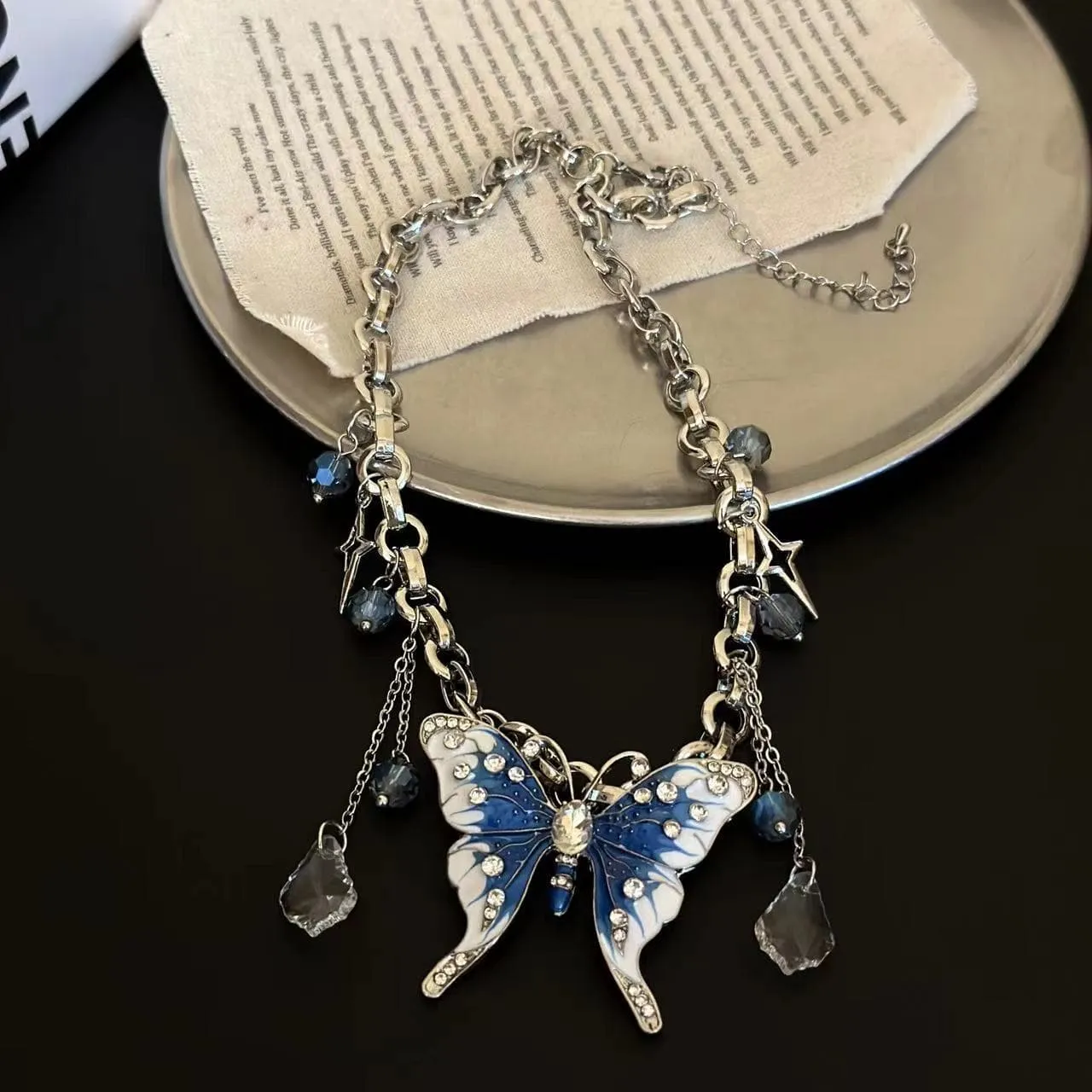 Butterfly beaded metal chain necklace