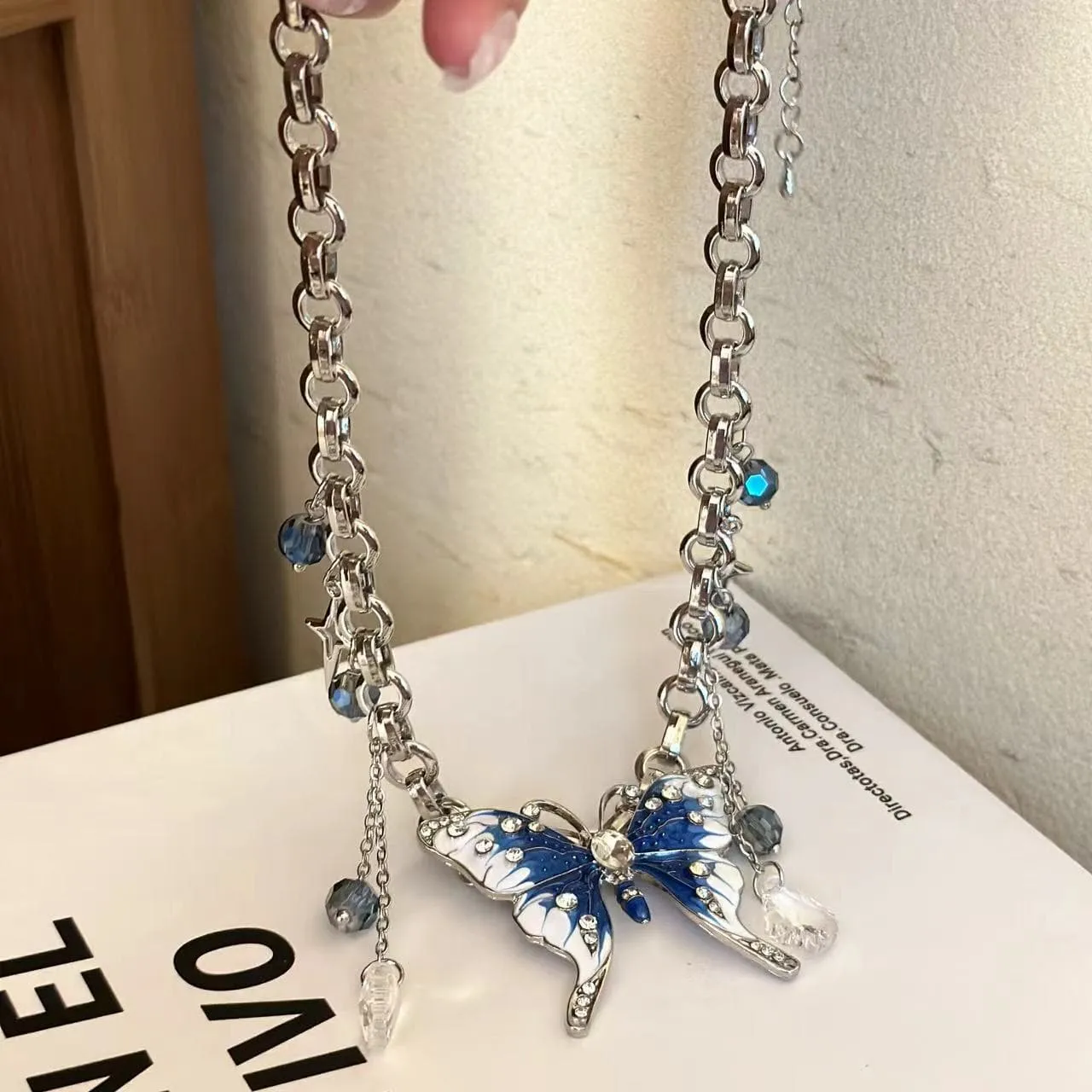 Butterfly beaded metal chain necklace