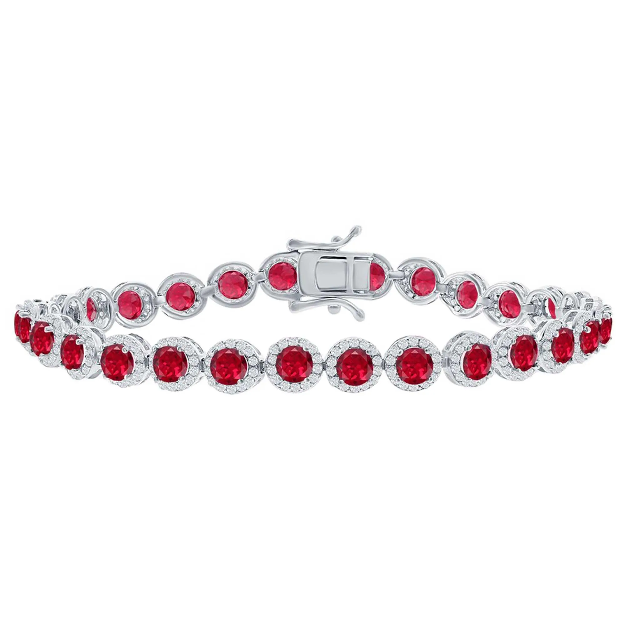 Classic Women's Bracelet - Sterling Silver Round White and Ruby CZ Tennis | T-7972