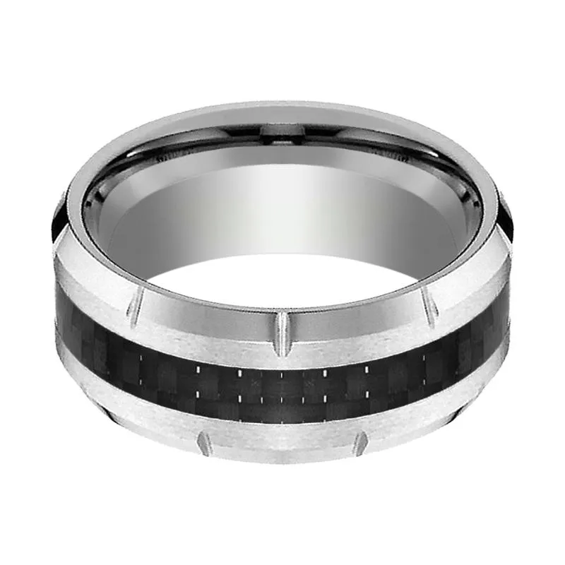 COLOSSAL | Silver Tungsten Ring, Black Carbon Fiber, Notches, Beveled