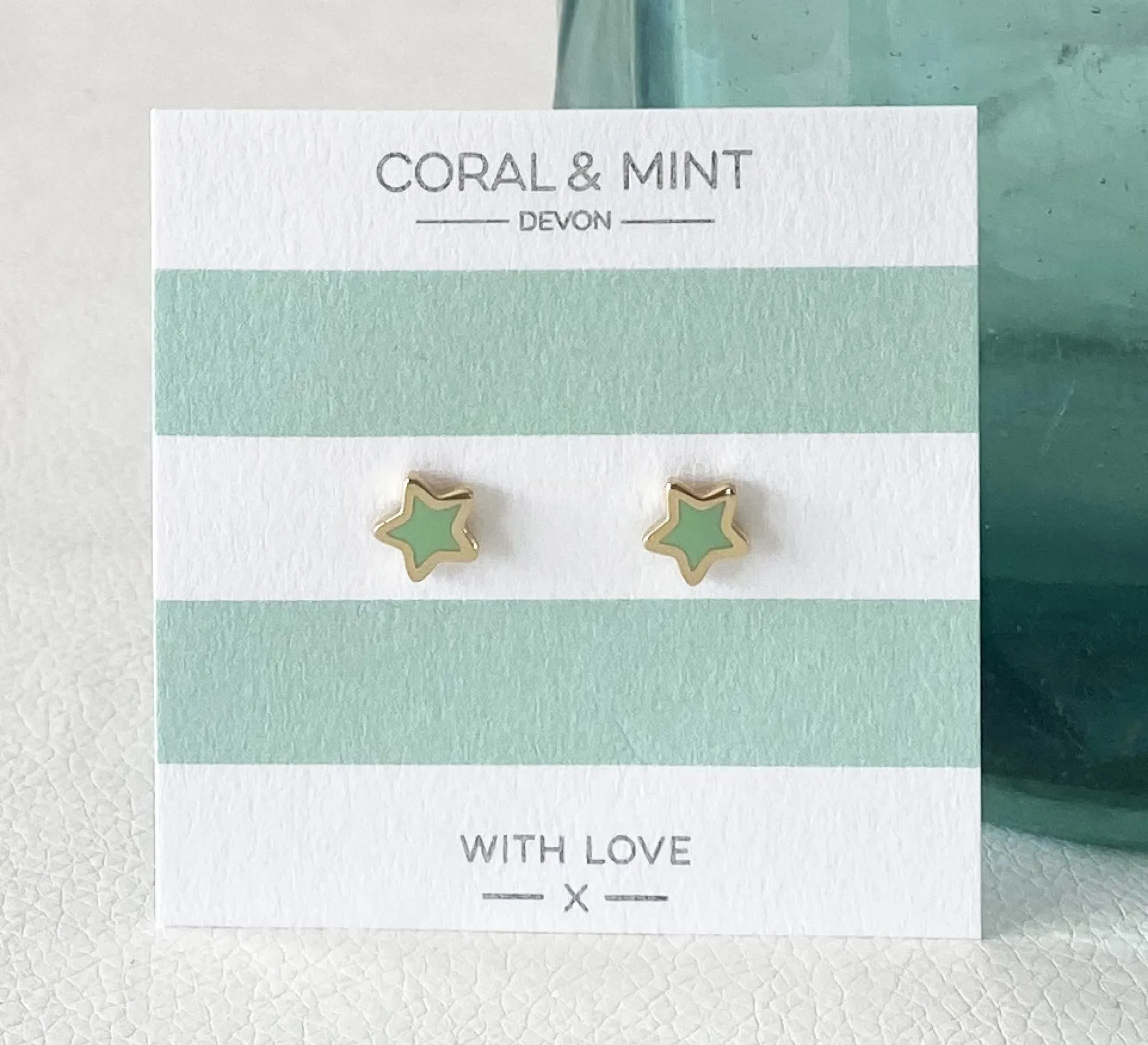 Coral And Mint Mint Enamel Stars With Gold Plating