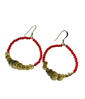 Coral Beaded Gold Hoop Drop Earrings