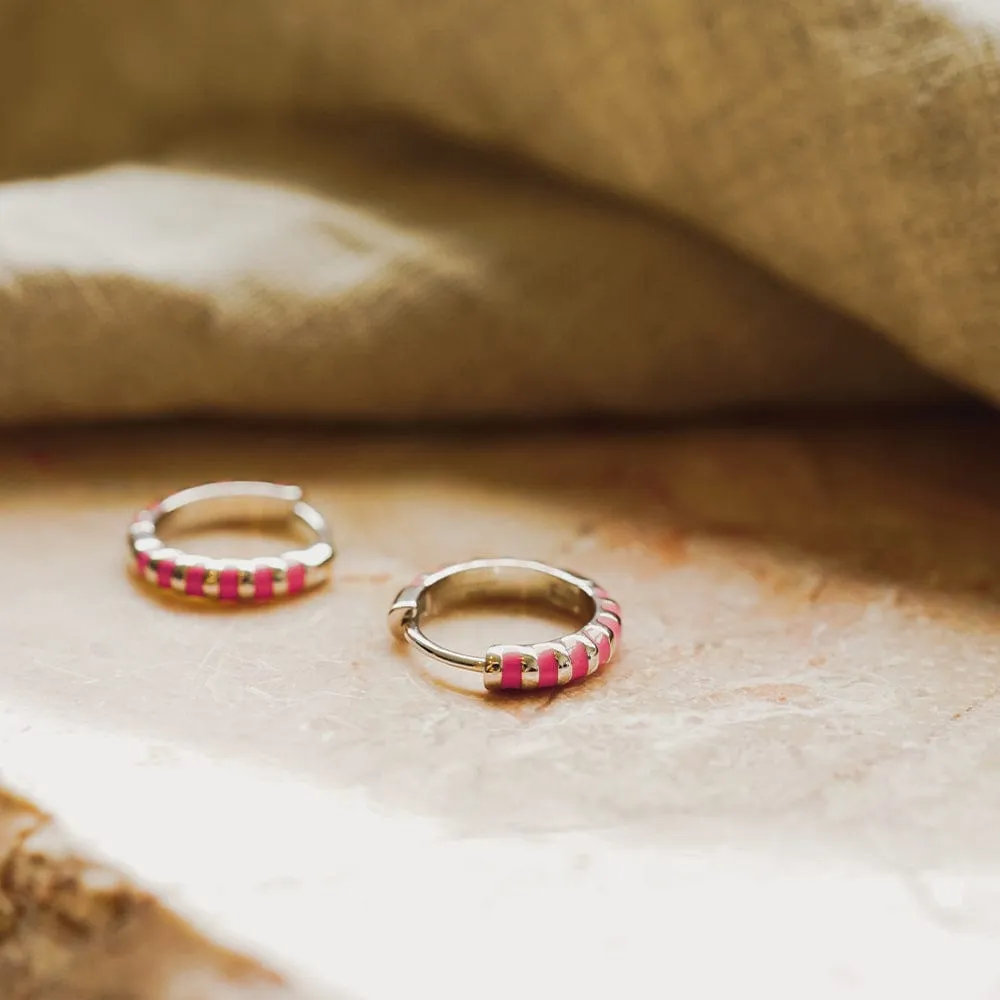 Coral Fine Stripe Huggie Hoop Earrings Sterling Silver