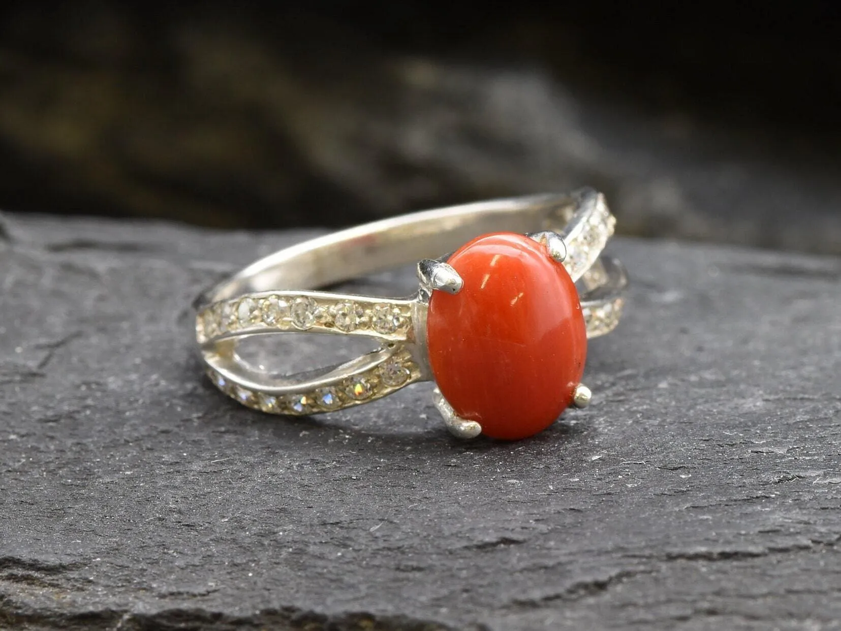 Coral Ring - Red Oval Ring - Diamond Split Shank Band