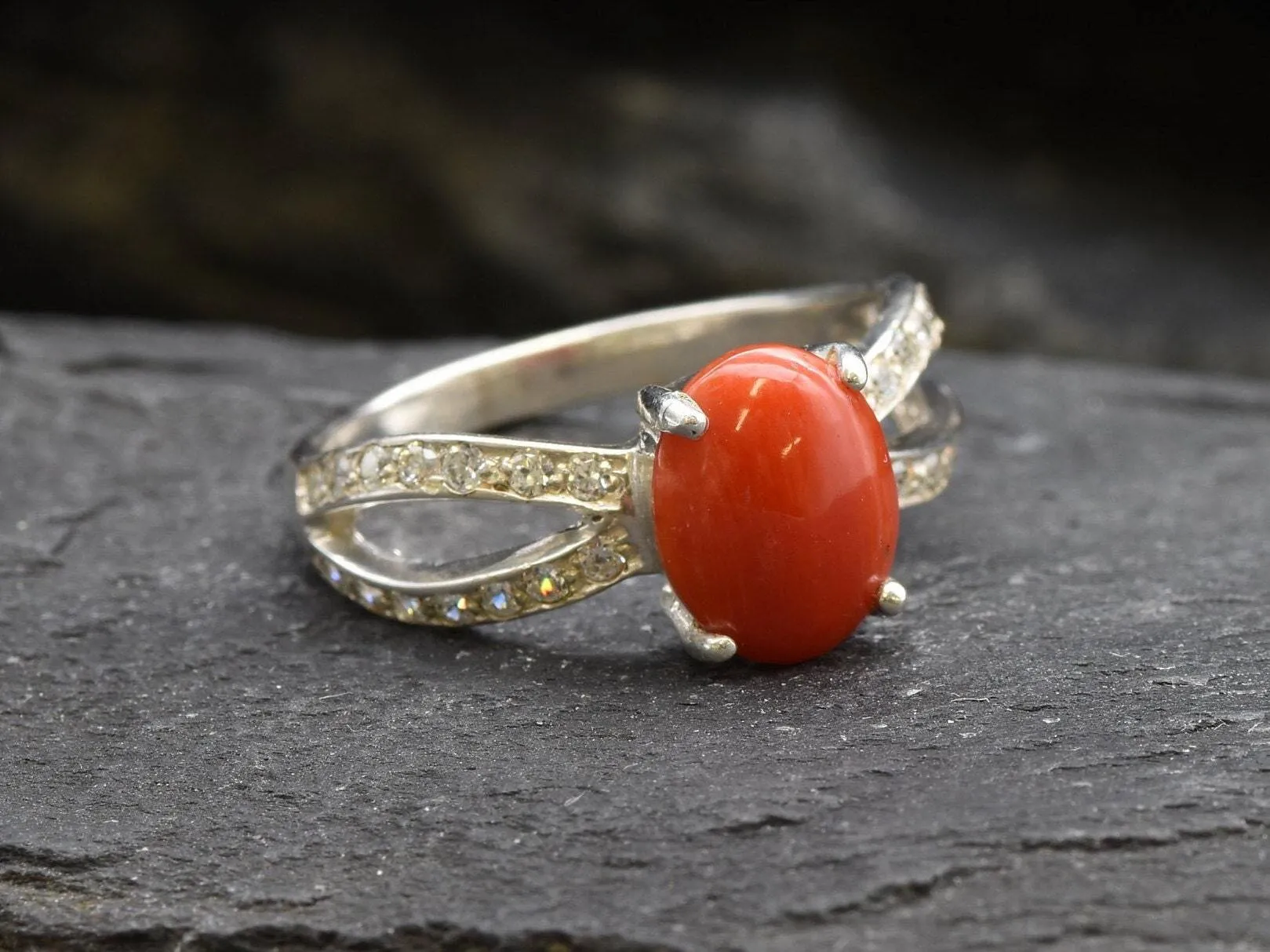 Coral Ring - Red Oval Ring - Diamond Split Shank Band