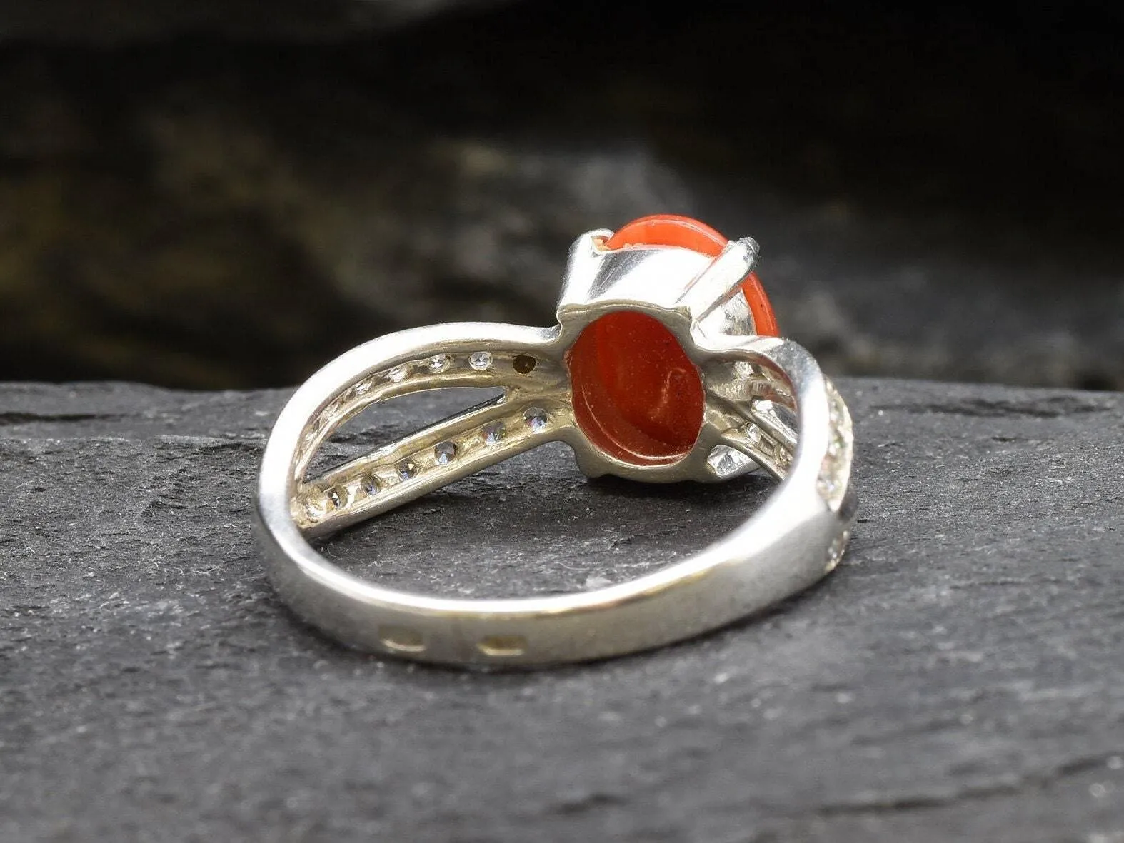 Coral Ring - Red Oval Ring - Diamond Split Shank Band