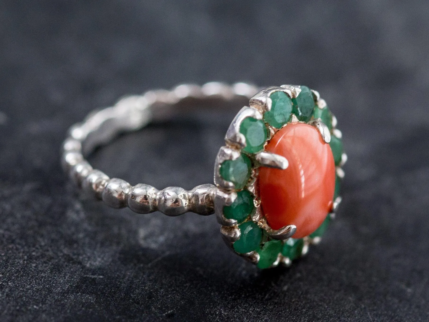 Coral Victorian Ring - Orange Flower Ring - Silver Coral Ring