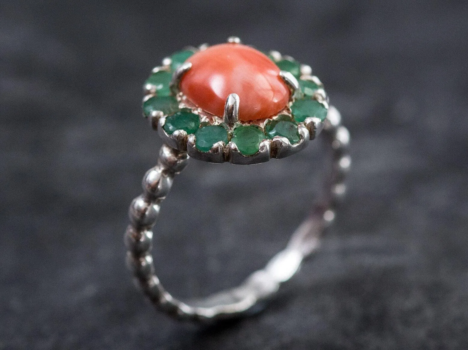 Coral Victorian Ring - Orange Flower Ring - Silver Coral Ring